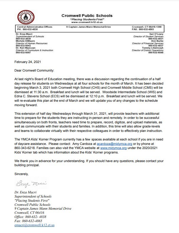 Half Day Wednesdays Letter 2-24-21