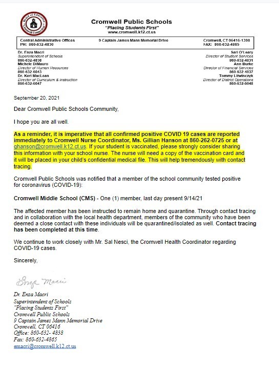CPS Update Covid Letter 9-20-21
