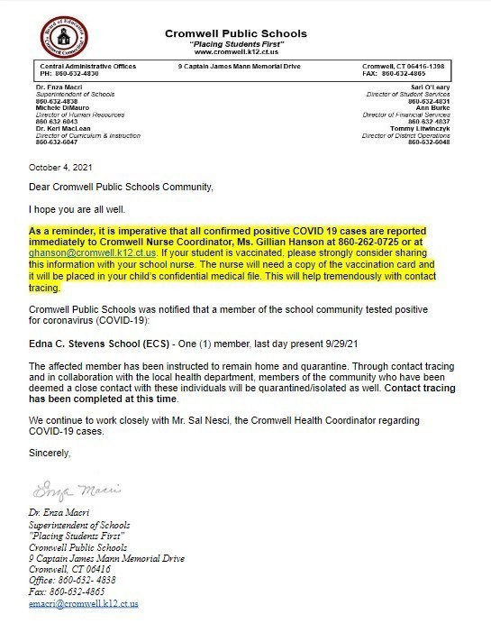 CPS Update Covid Letter 10-4-21