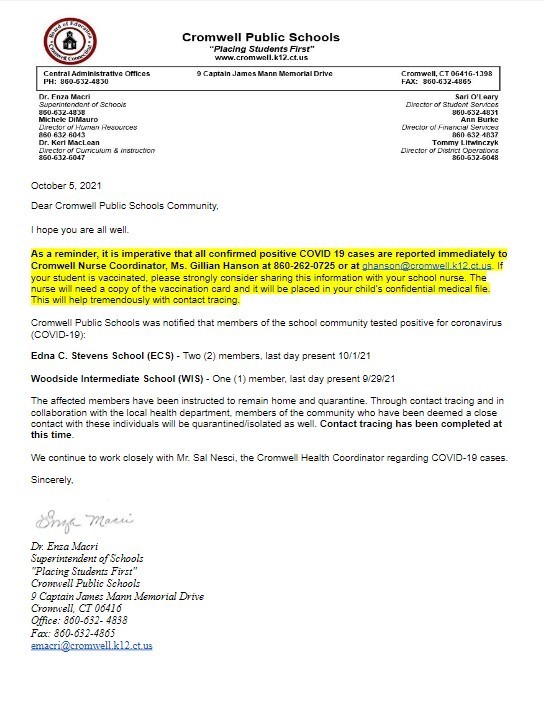 CPS Update Covid Letter 10-5-21