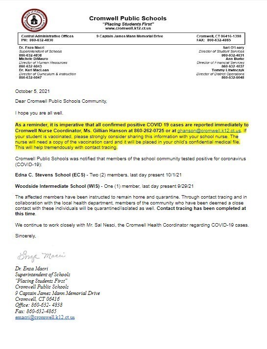 CPS Update Covid Letter 10-5-21