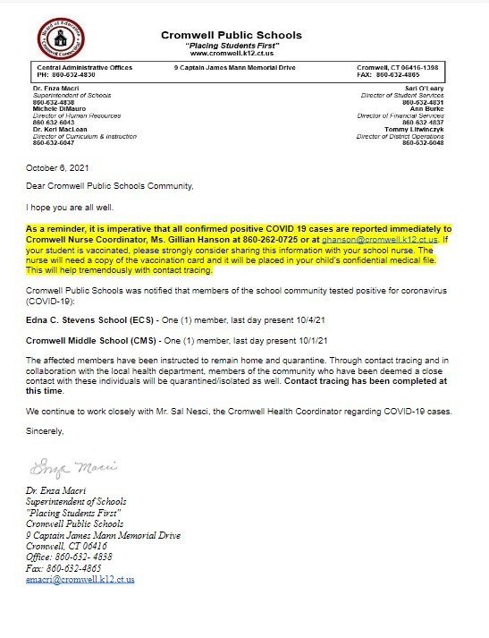 CPS Update Covid Letter 10-6-21