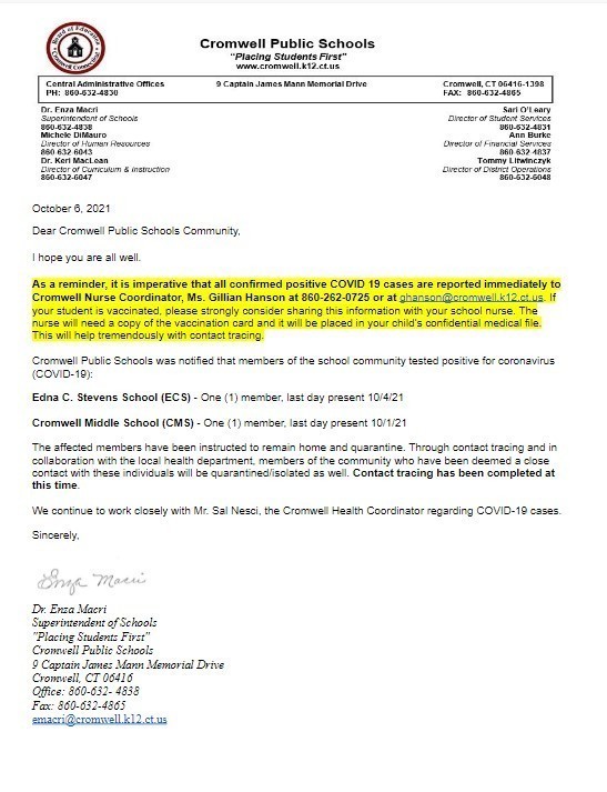 CPS Update Covid Letter 10-6-21