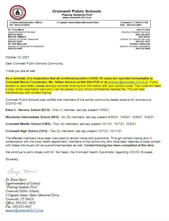 CPS Update Covid Letter 10-12-21