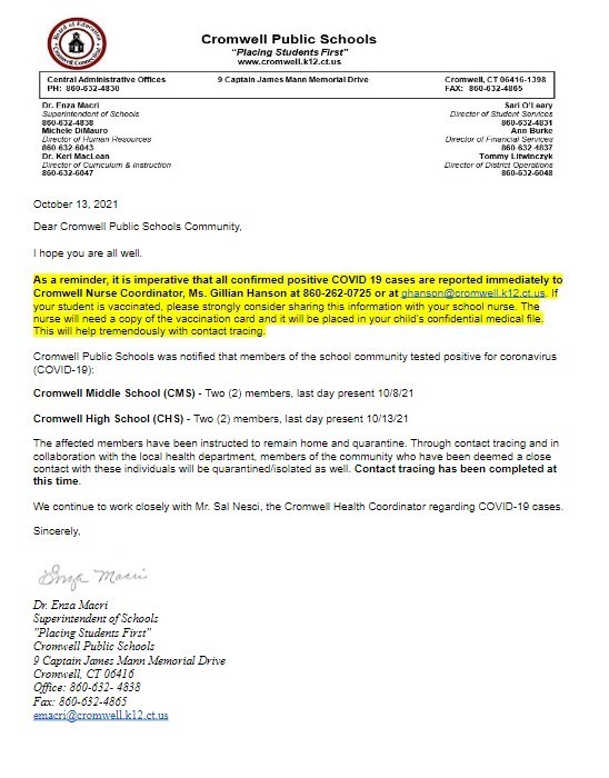 CPS Update Covid Letter 10-13-21