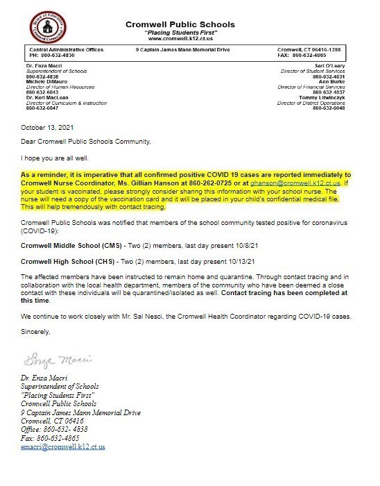 CPS Update Covid Letter 10-13-21
