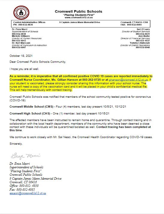 CPS Update Covid Letter 10-18-21